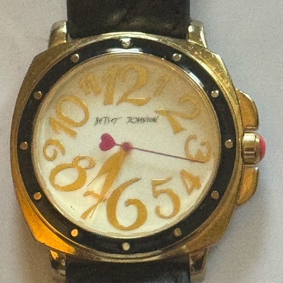 Betsey Johnson Gold Black Signature Logo Leather Quilted Strap Quartz Watch - Picture 3 of 8